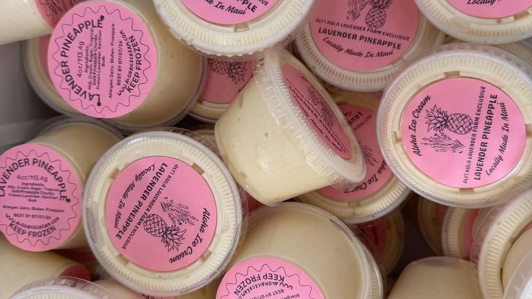 Pink-labeled Lavender Pineapple cups — Aloha Ice Cream's Aliʻi Kula Lavender Farm exclusive